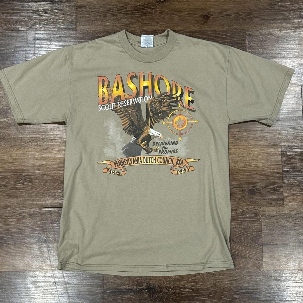 Vintage Jerzees Bashore Scout Reservation Eagle Graphic Tee Brown Mens L